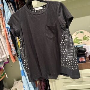 Sacai Black Tee with Geometric Accents and heart print back